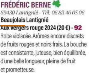 Frederic Berne Beaujolais Lantignie Aux Vergers bio biodynamique gamay qualite vin grand vin 